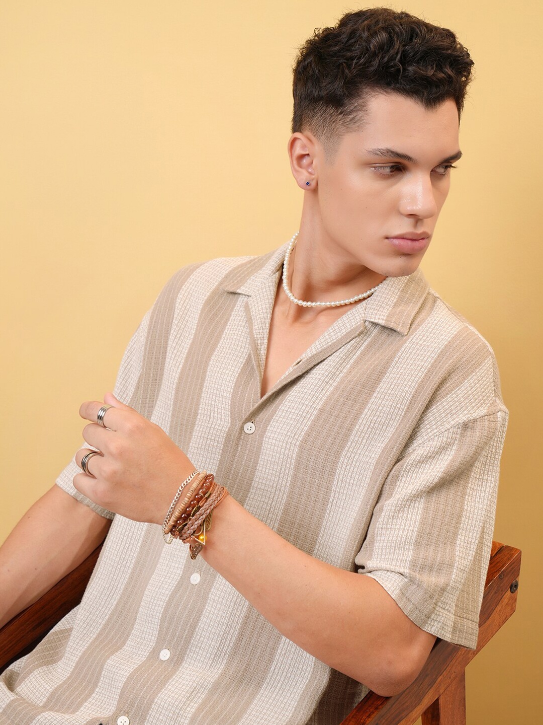 

LOCOMOTIVE Premium Dobby Textured Striped Cuban Collar Cotton Oversized Shirt, Khaki