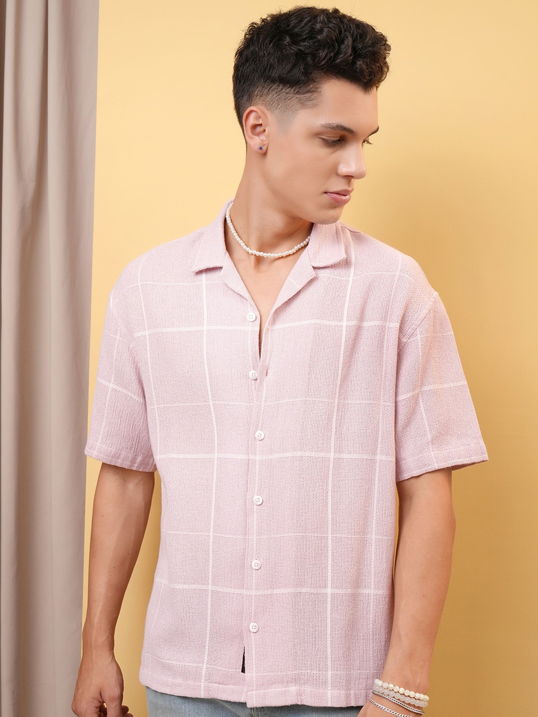 

LOCOMOTIVE Premium Dobby Textured Checked Cuban Collar Oversized Shirt, Pink