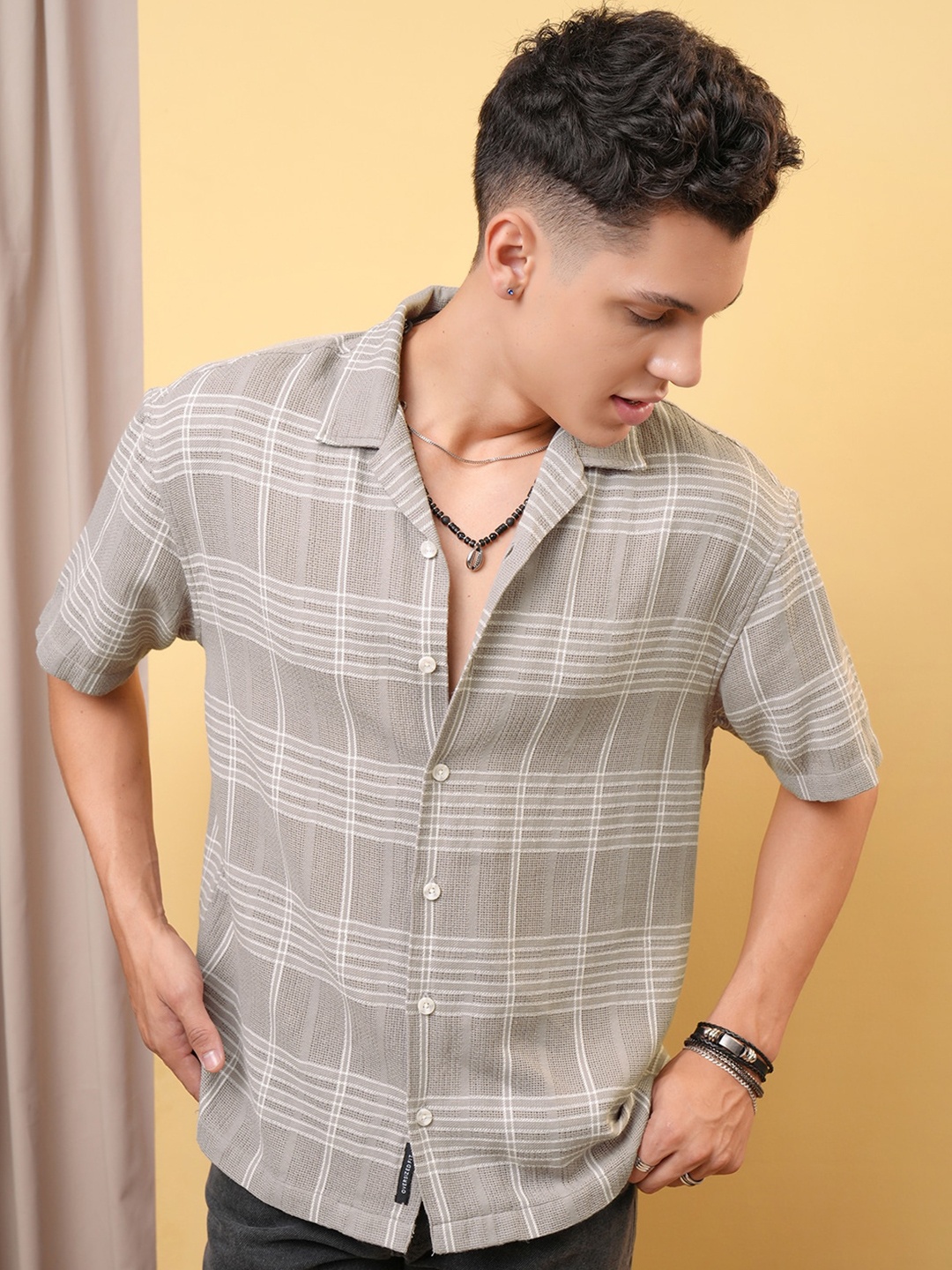 

LOCOMOTIVE Premium Dobby Textured Checked Cuban Collar Oversized Shirt, Khaki