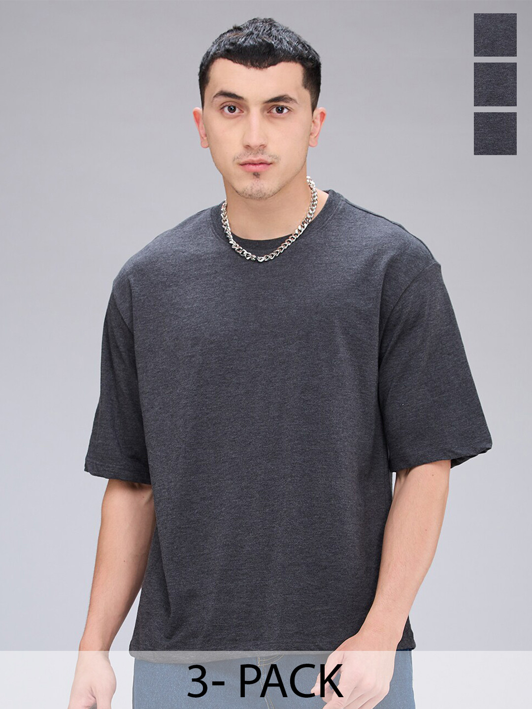 

NOIRA Pack Of 3 Round Neck Short Sleeves Cotton Casual T-Shirt, Charcoal
