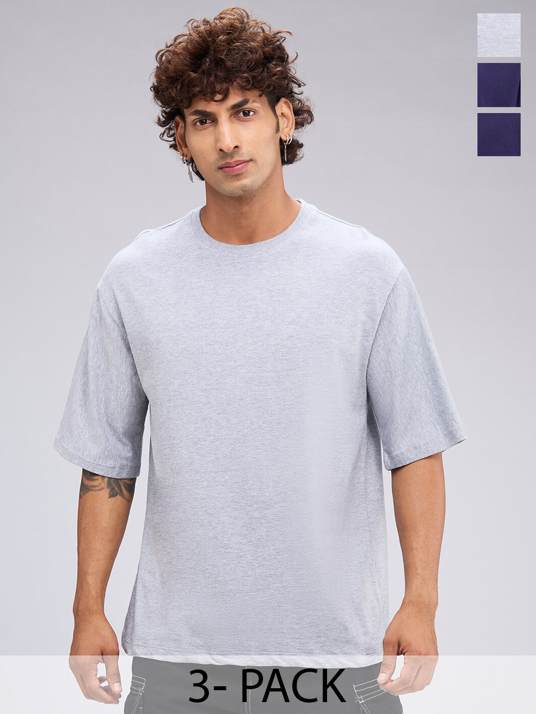 

NOIRA Pack Of 3 Round Neck Short Sleeves Cotton Casual T-Shirt, Grey