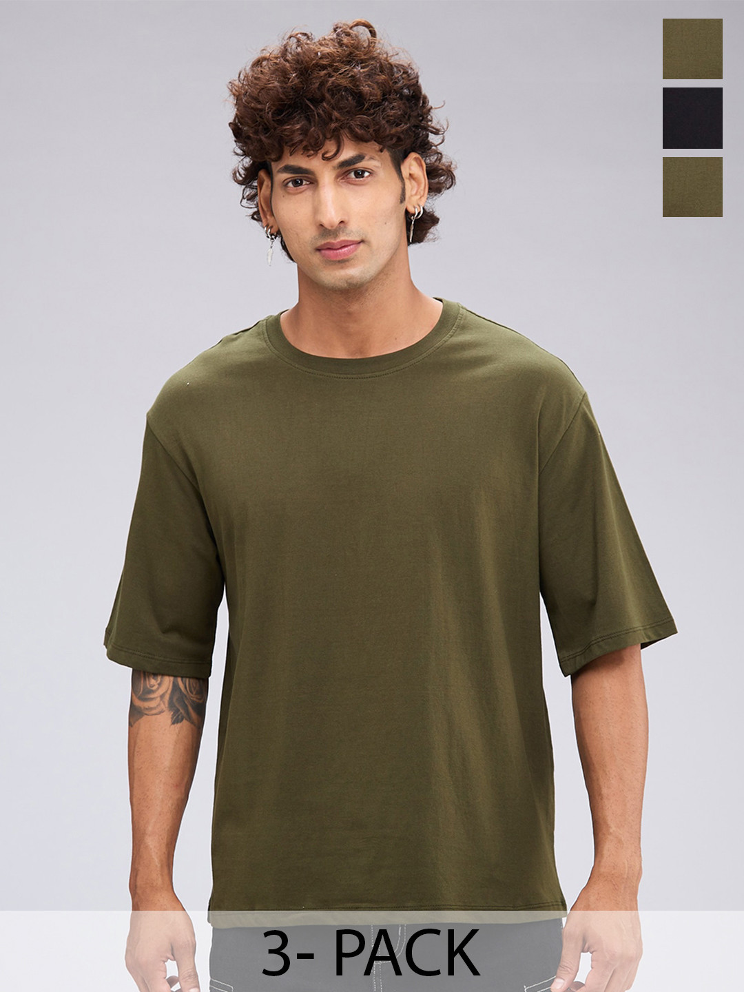 

NOIRA Pack of 3 Round Neck Drop-Shoulder Sleeves Cotton Oversized T-shirt, Olive