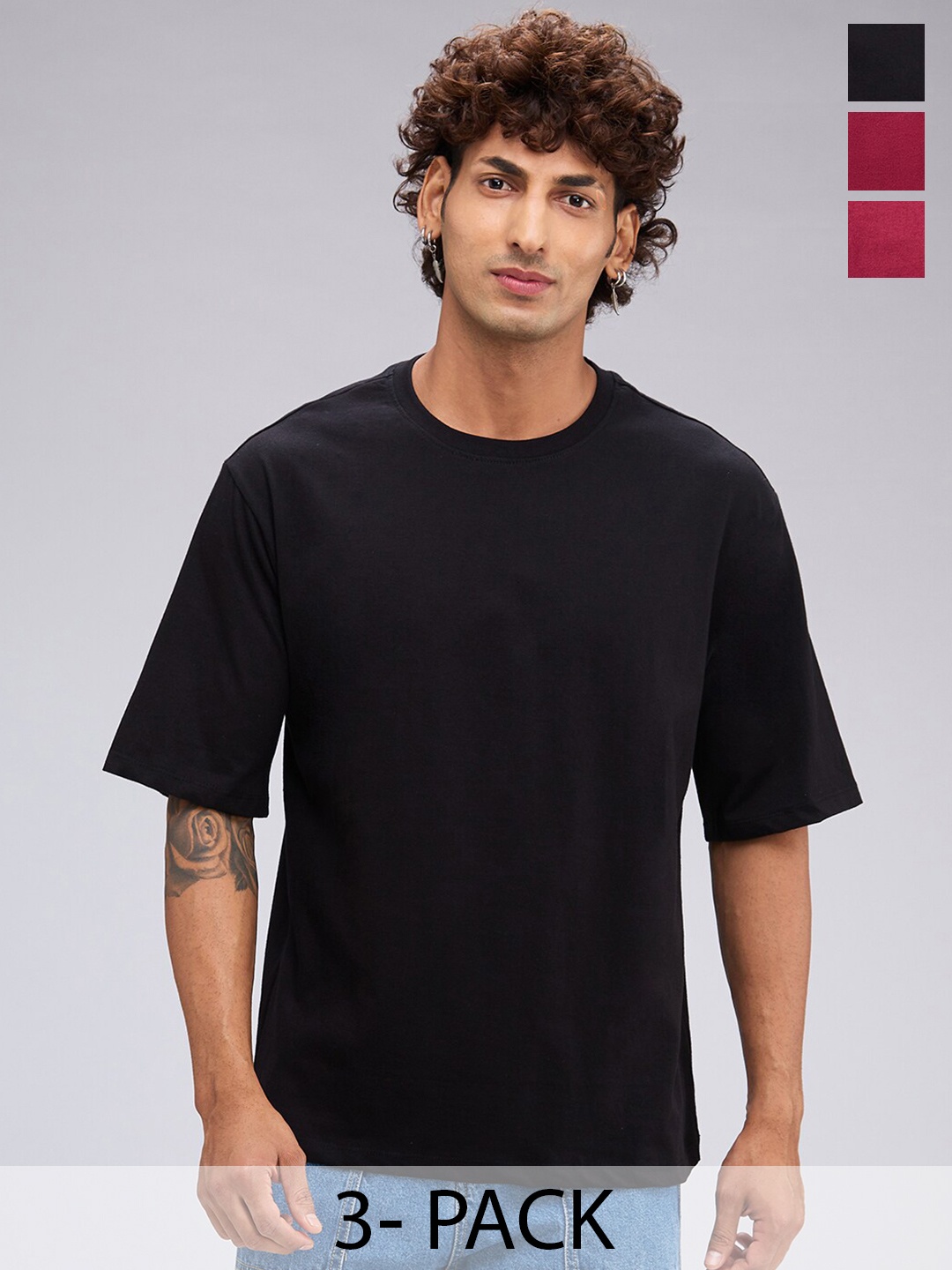 

NOIRA Pack of 3 Round Neck Drop-Shoulder Sleeves Cotton Oversized T-shirt, Maroon