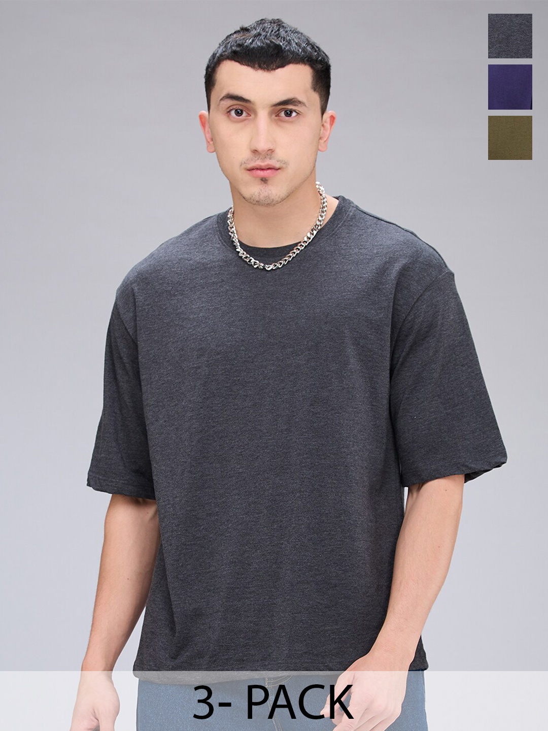 

NOIRA Pack Of 3 Round Neck Short Sleeves Cotton Casual T-Shirt, Olive