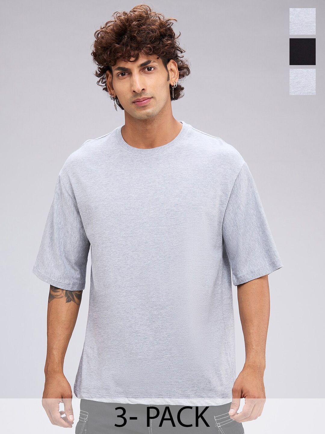 

NOIRA Pack Of 3 Round Neck Short Sleeves Cotton Casual T-Shirt, Grey