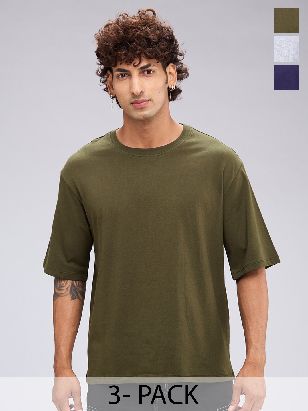 

NOIRA Pack Of 3 Round Neck Short Sleeves Cotton Casual T-Shirt, Grey