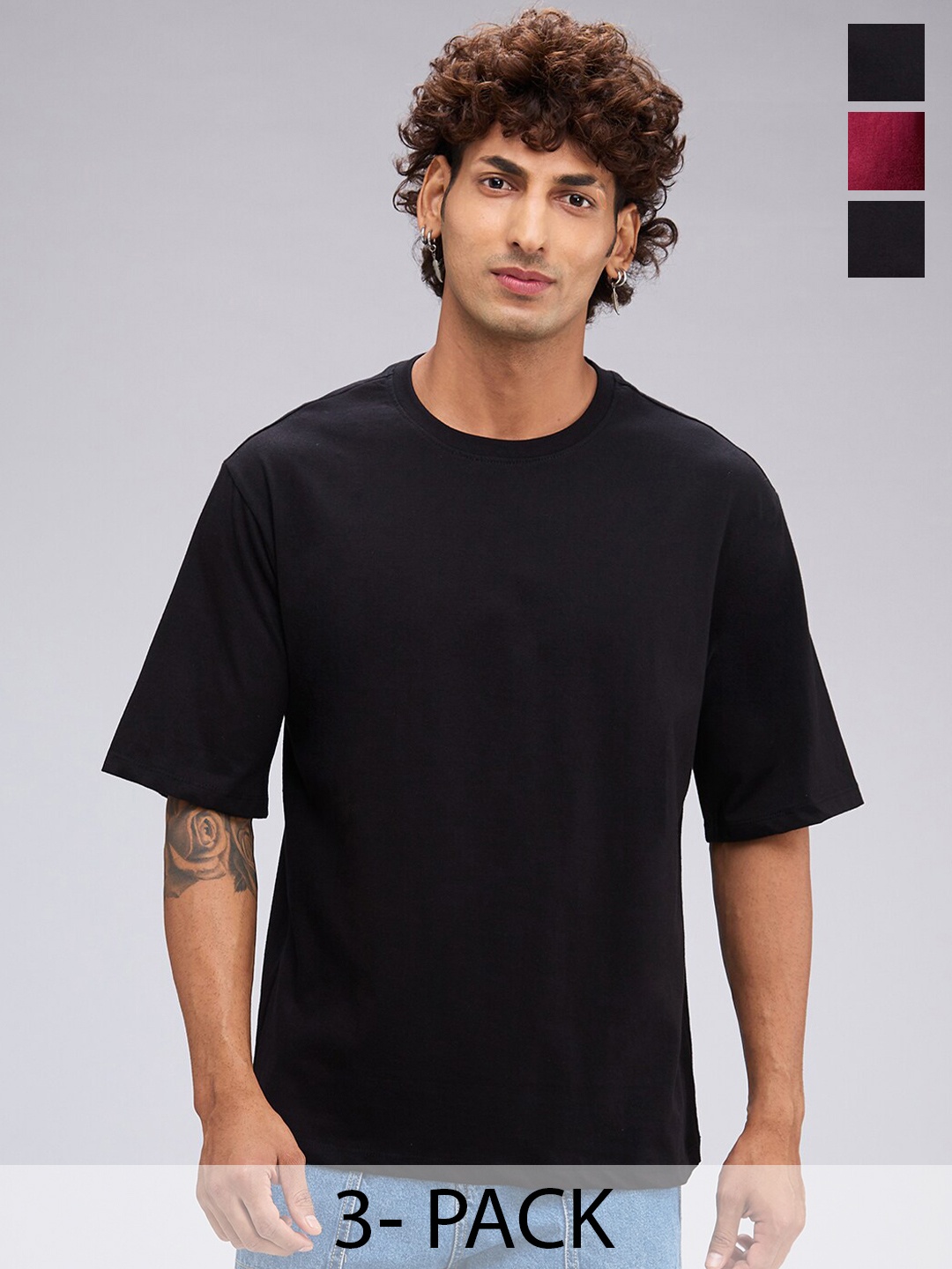 

NOIRA Pack of 3 Round Neck Drop-Shoulder Sleeves Cotton Oversized T-shirt, Maroon