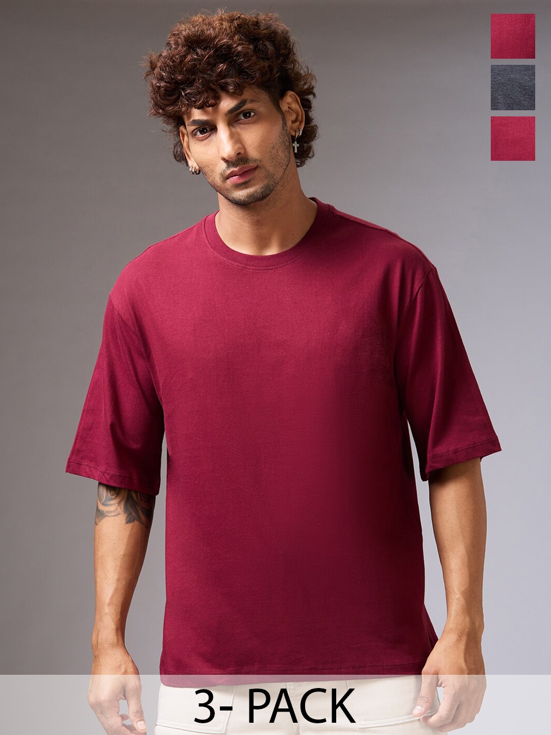 

NOIRA Pack Of 3 Round Neck Short Sleeves Cotton Casual T-Shirt, Maroon