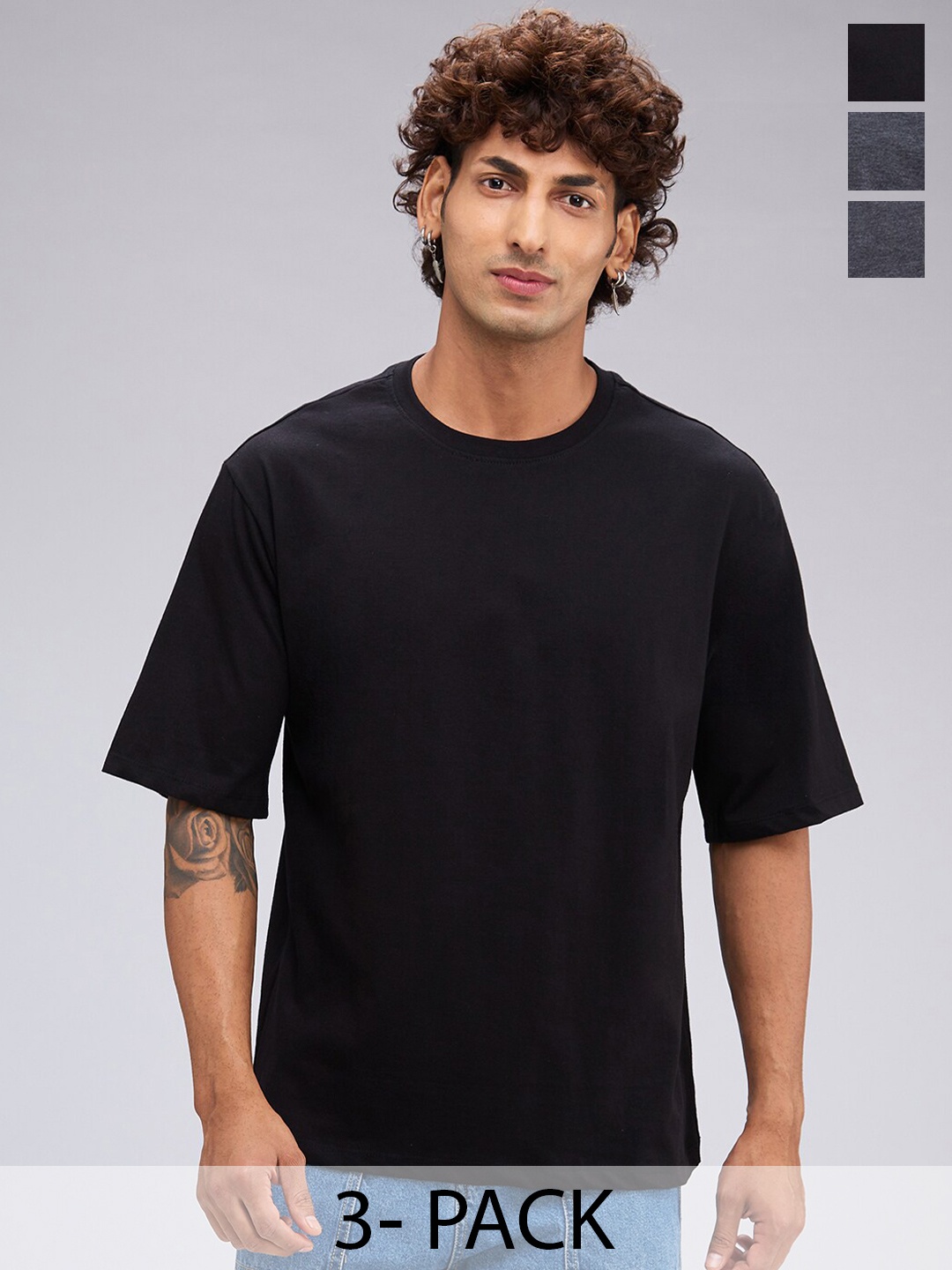 

NOIRA Pack Of 3 Round Neck Short Sleeves Cotton Casual T-Shirt, Black