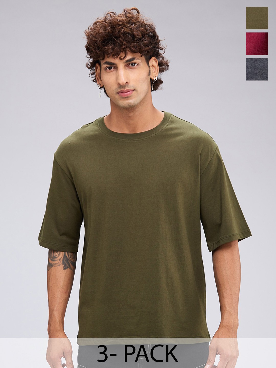 

NOIRA Pack Of 3 Oversized Cotton T-shirts, Olive