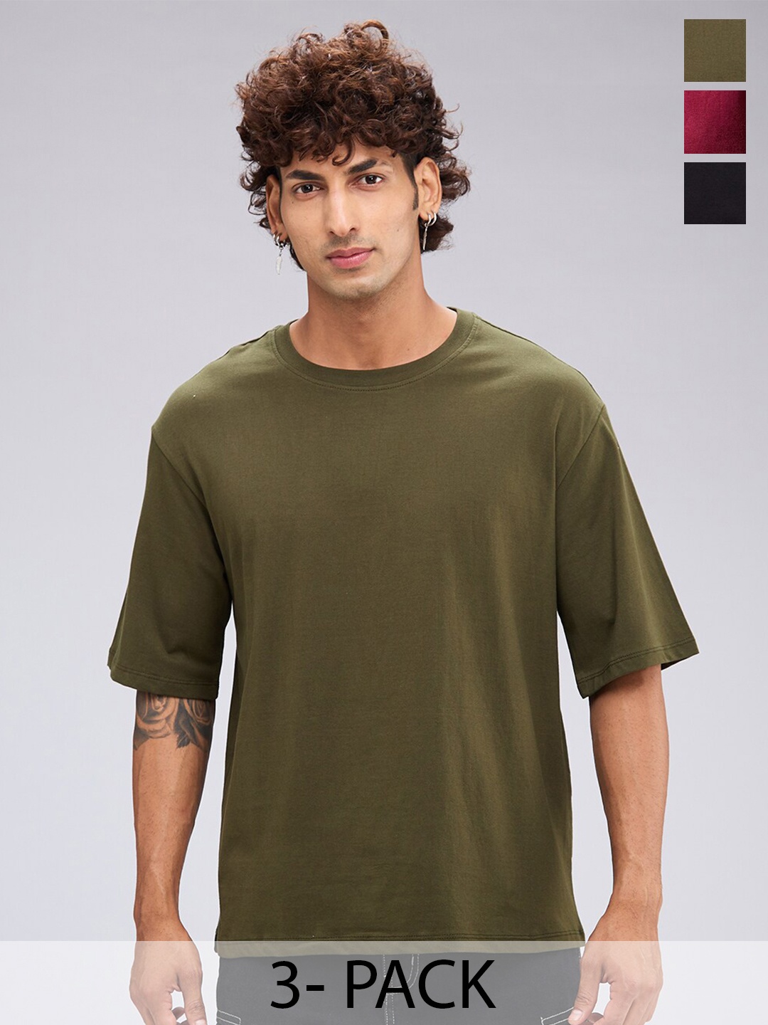 

NOIRA Pack of 3 Round Neck Drop-Shoulder Sleeves Cotton Oversized T-shirt, Olive