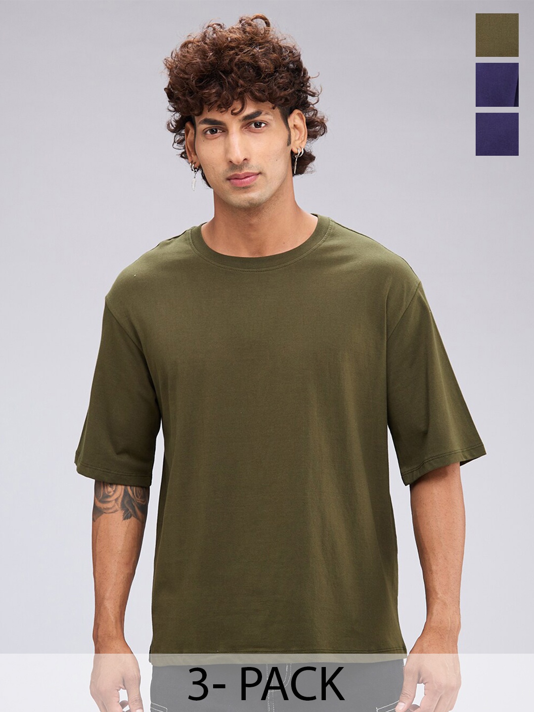 

NOIRA Pack of 3 Round Neck Drop-Shoulder Sleeves Cotton Oversized T-shirt, Olive