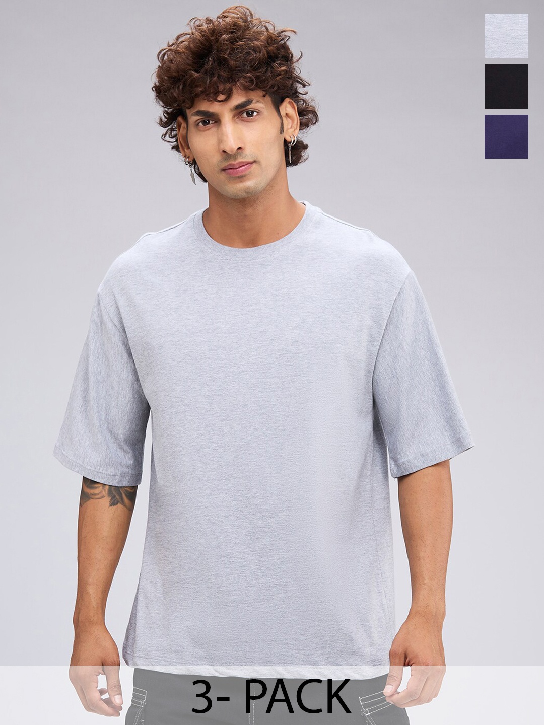 

NOIRA Pack Of 3 Round Neck Short Sleeves Cotton Casual T-Shirt, Grey