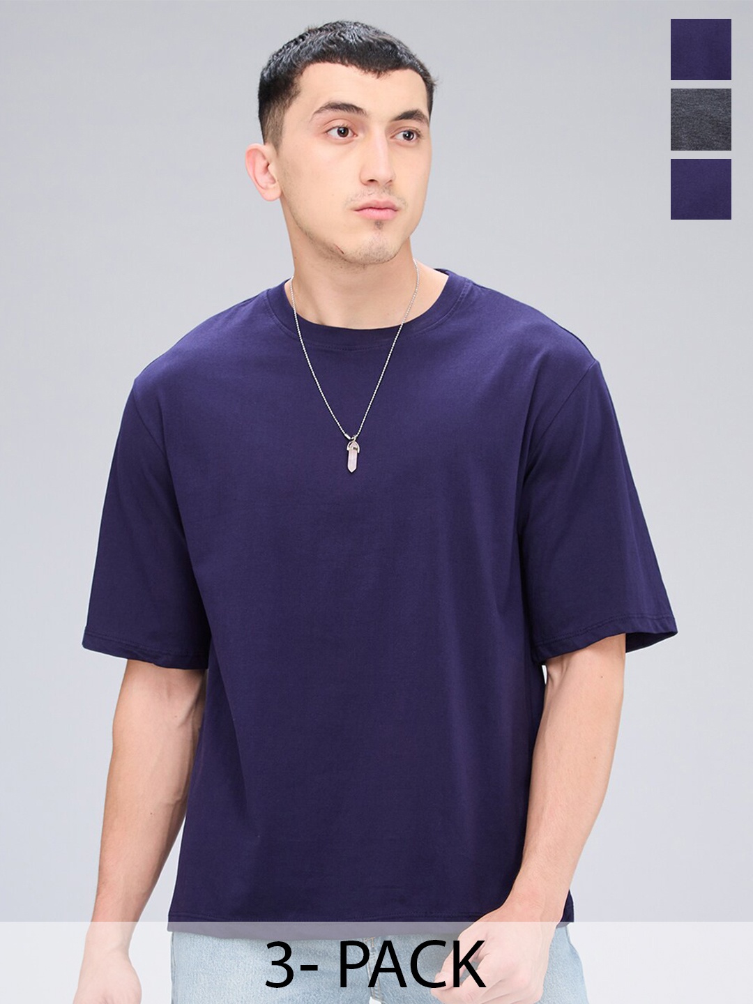 

NOIRA Pack Of 3 Oversized Cotton T-shirts, Navy blue