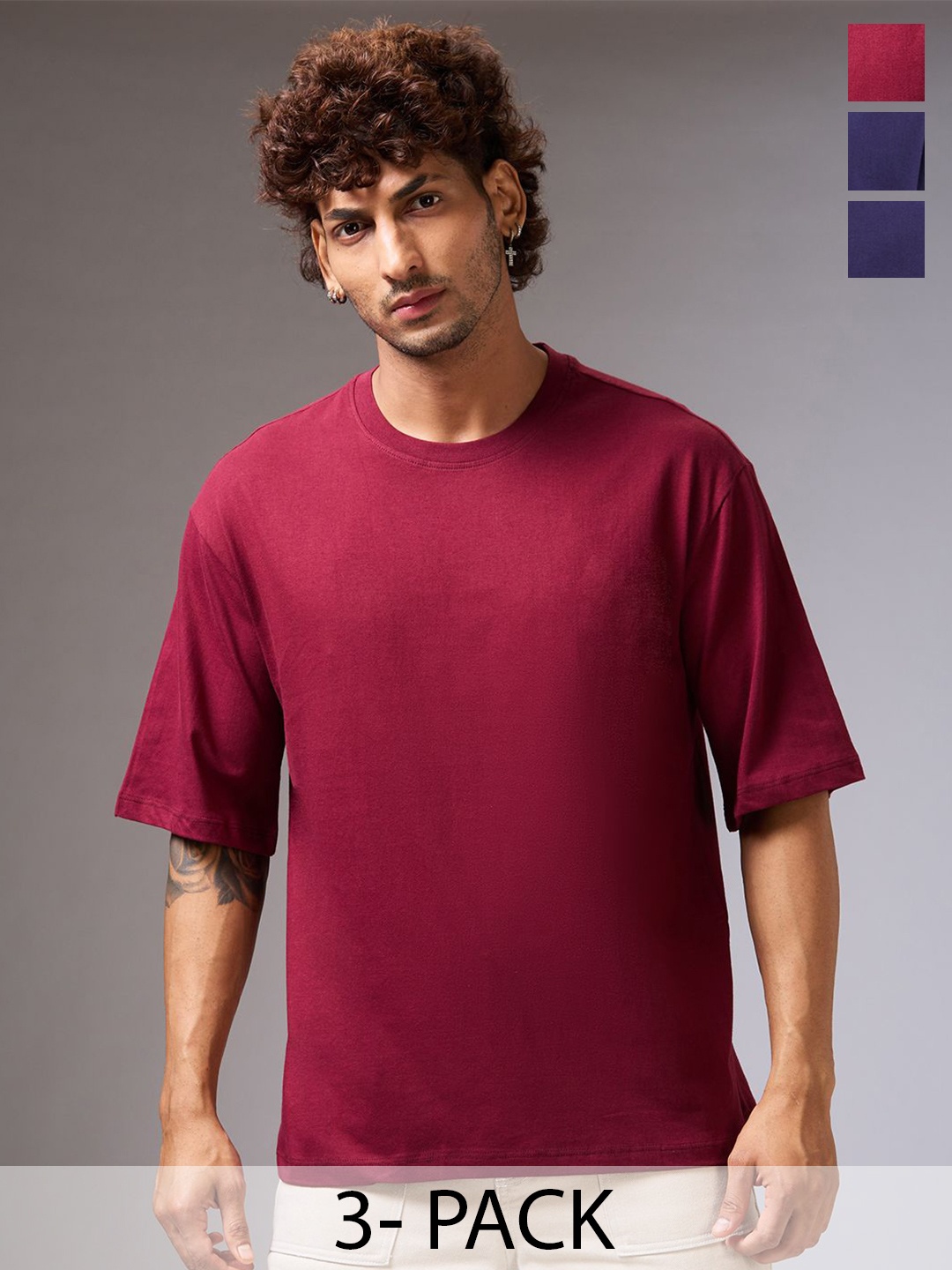 

NOIRA Pack of 3 Round Neck Drop-Shoulder Sleeves Cotton Oversized T-shirt, Maroon