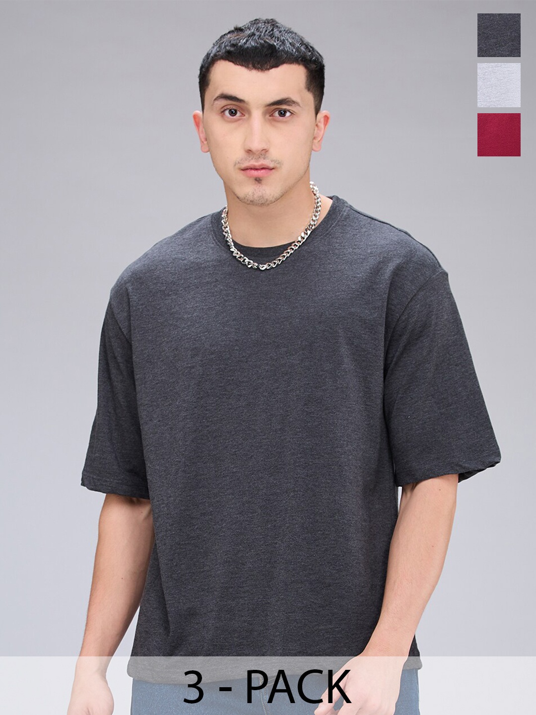 

NOIRA Pack Of 3 Round Neck Short Sleeves Cotton Casual T-Shirt, Grey