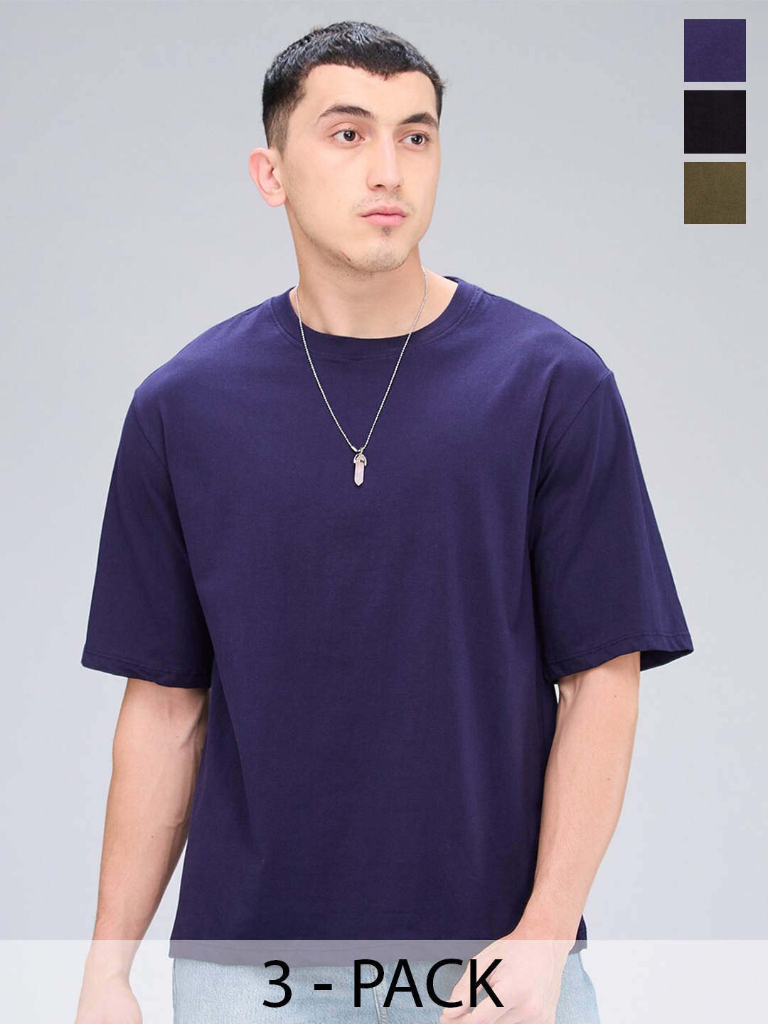 

NOIRA Pack Of 3 Round Neck Short Sleeves Cotton Casual T-Shirt, Olive