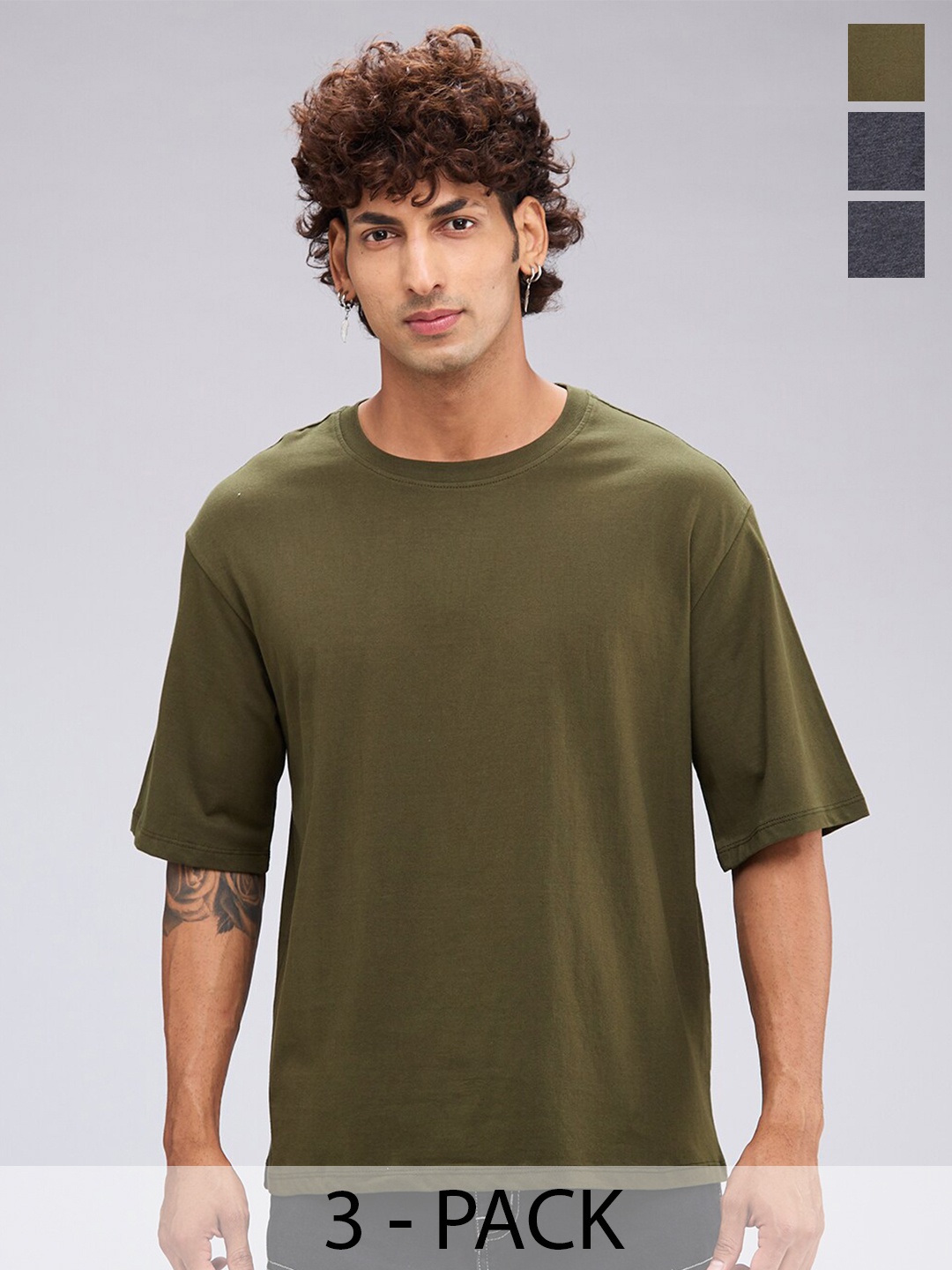 

NOIRA Pack of 3 Round Neck Drop-Shoulder Sleeves Cotton Oversized T-shirt, Olive