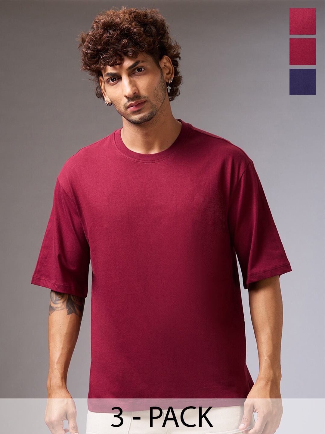 

NOIRA Pack of 3 Round Neck Drop-Shoulder Sleeves Cotton Oversized T-shirt, Maroon