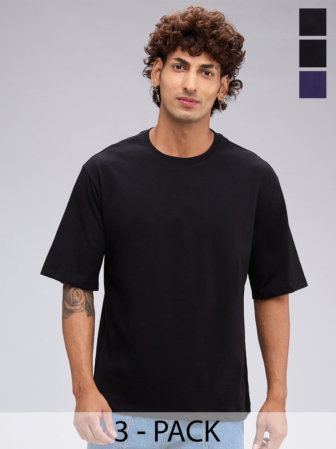 

NOIRA Pack of 3 Round Neck Drop-Shoulder Sleeves Cotton Oversized T-shirt, Black