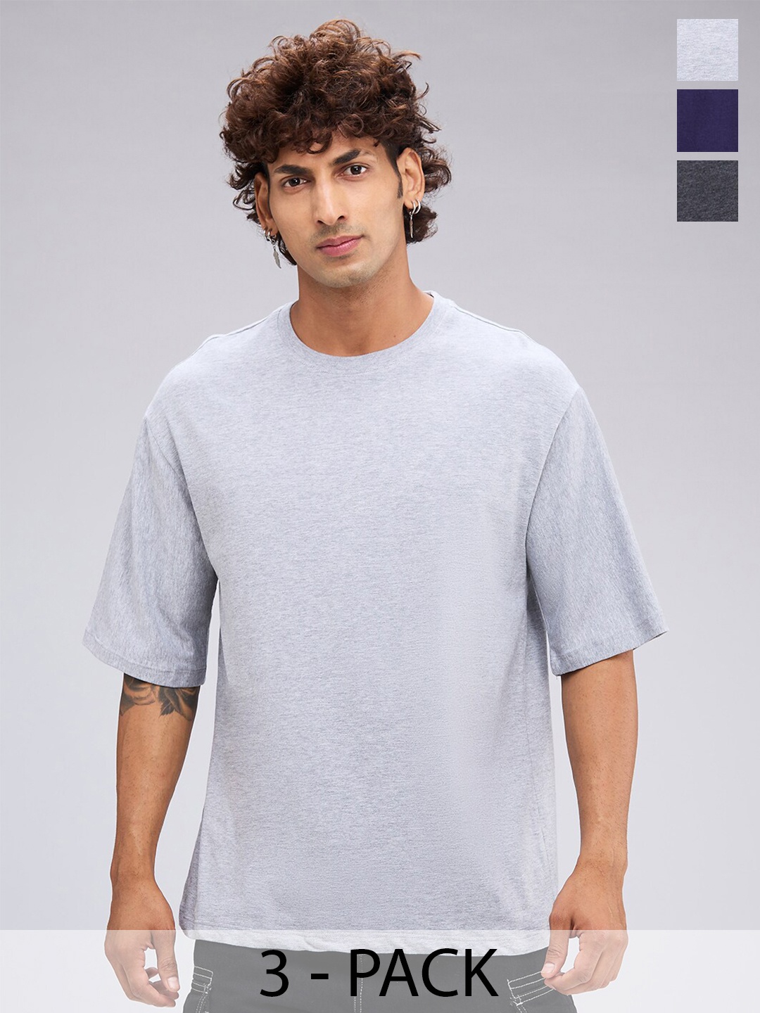 

NOIRA Pack Of 3 Round Neck Short Sleeves Cotton Casual T-Shirt, Grey
