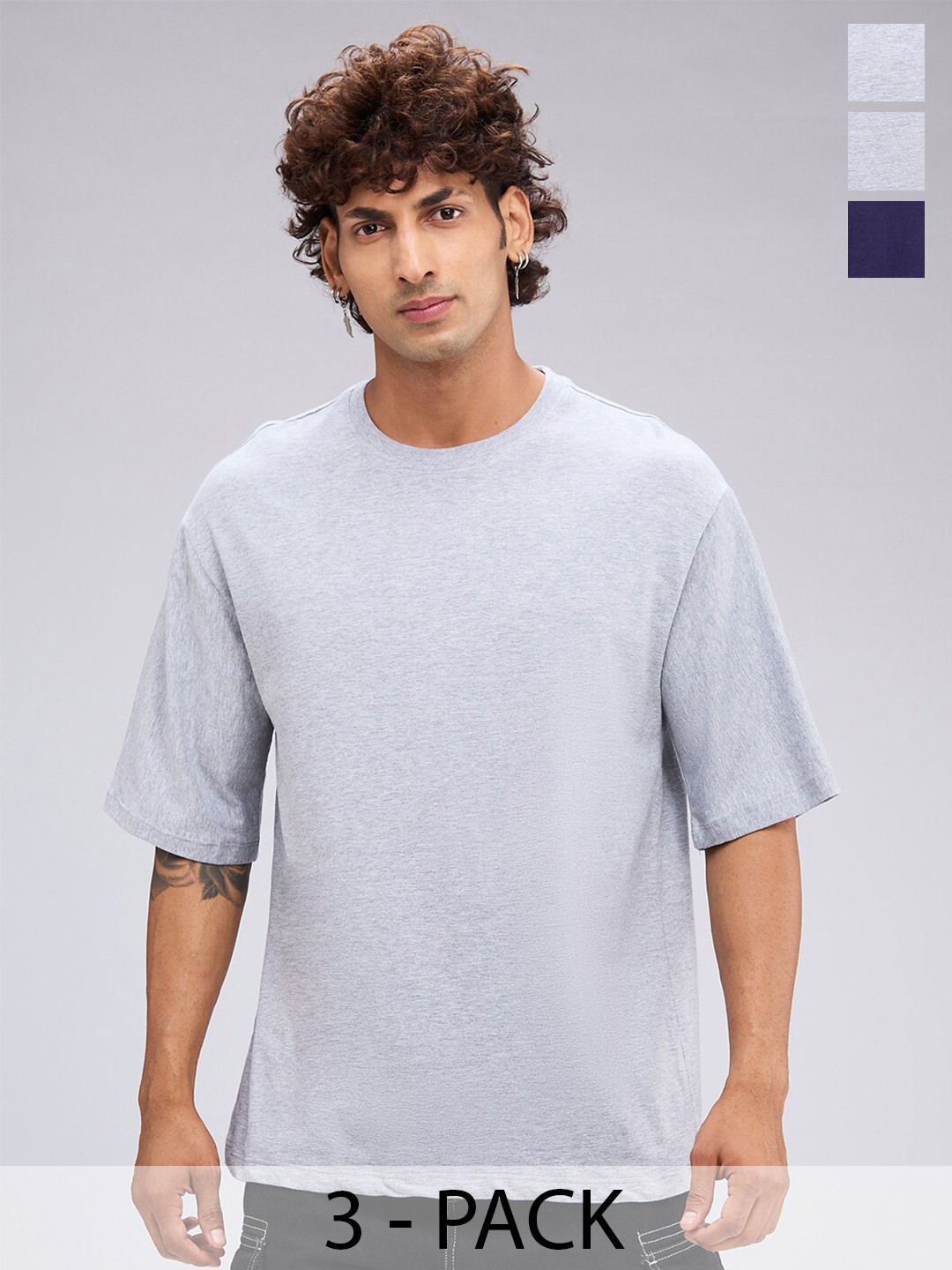 

NOIRA Pack Of 3 Round Neck Short Sleeves Cotton Casual T-Shirt, Grey