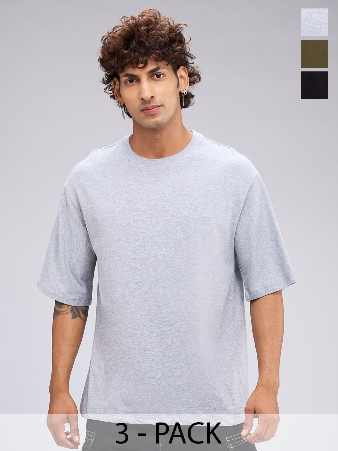

NOIRA Pack Of 3 Round Neck Short Sleeves Cotton Casual T-Shirt, Grey