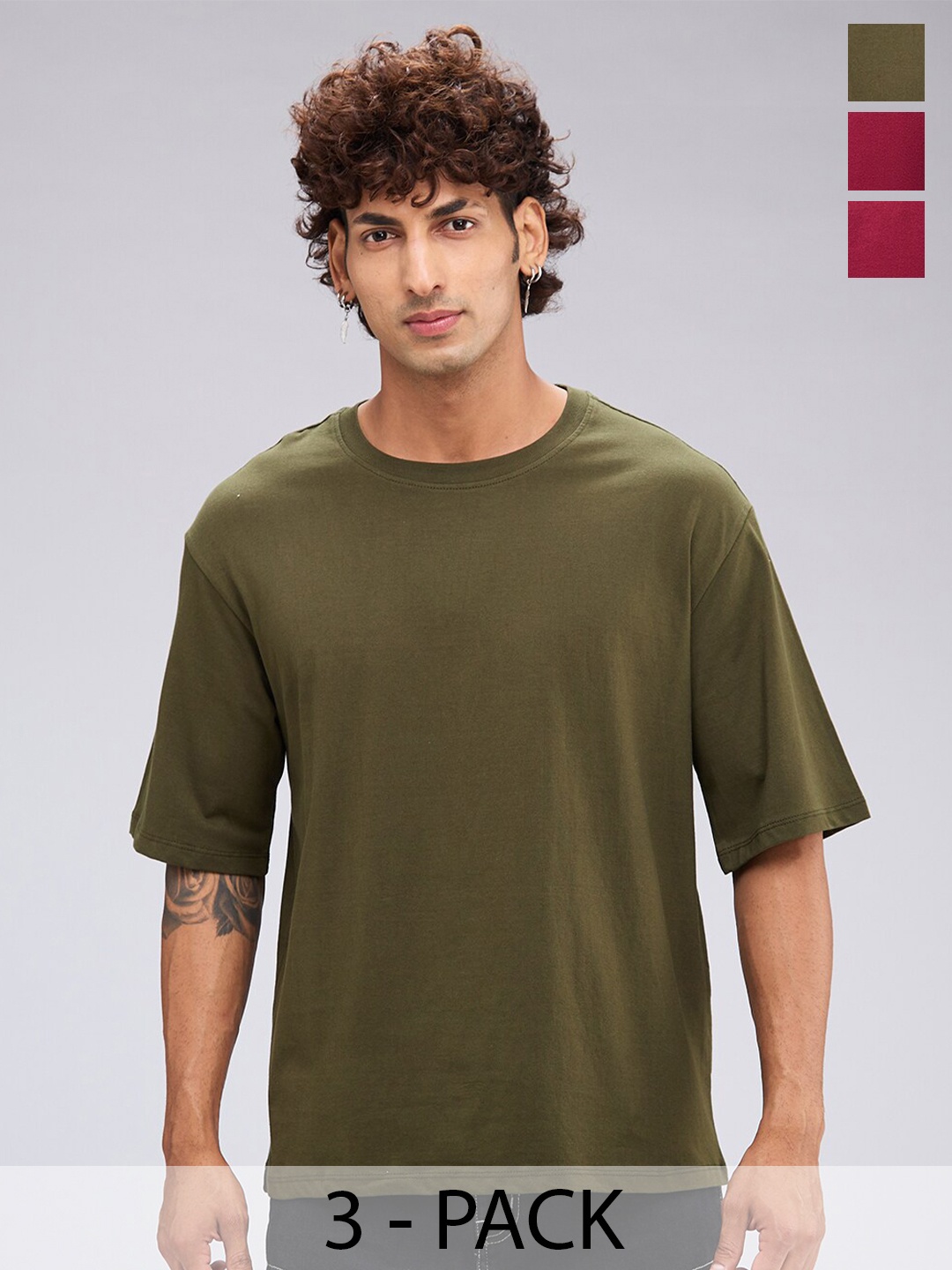 

NOIRA Pack of 3 Round Neck Drop-Shoulder Sleeves Cotton Oversized T-shirt, Olive