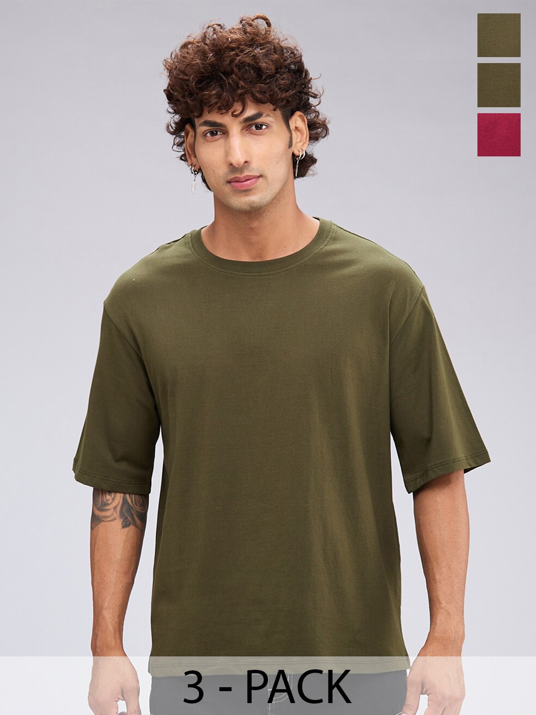 

NOIRA Pack Of 3 Round Neck Short Sleeves Cotton Casual T-Shirt, Olive