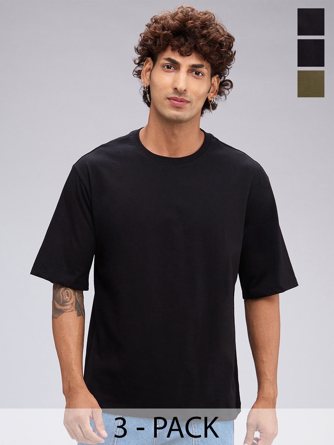 

NOIRA Pack of 3 Round Neck Drop-Shoulder Sleeves Cotton Oversized T-shirt, Olive