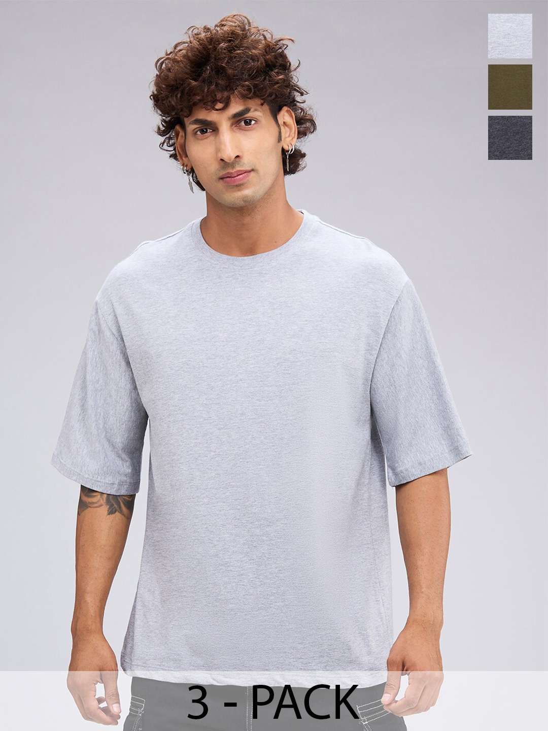 

NOIRA Pack of 3 Round Neck Drop-Shoulder Sleeves Cotton Oversized T-shirt, Grey