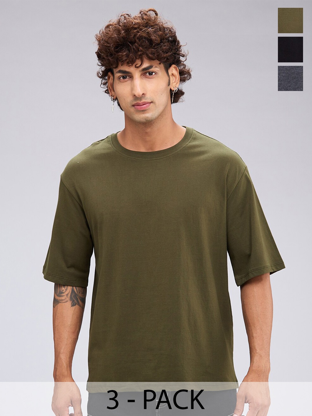 

NOIRA Pack of 3 Round Neck Drop-Shoulder Sleeves Cotton Oversized T-shirt, Olive