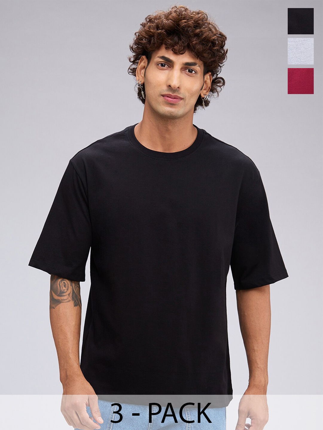 

NOIRA Pack Of 3 Round Neck Short Sleeves Cotton Casual T-Shirt, Grey