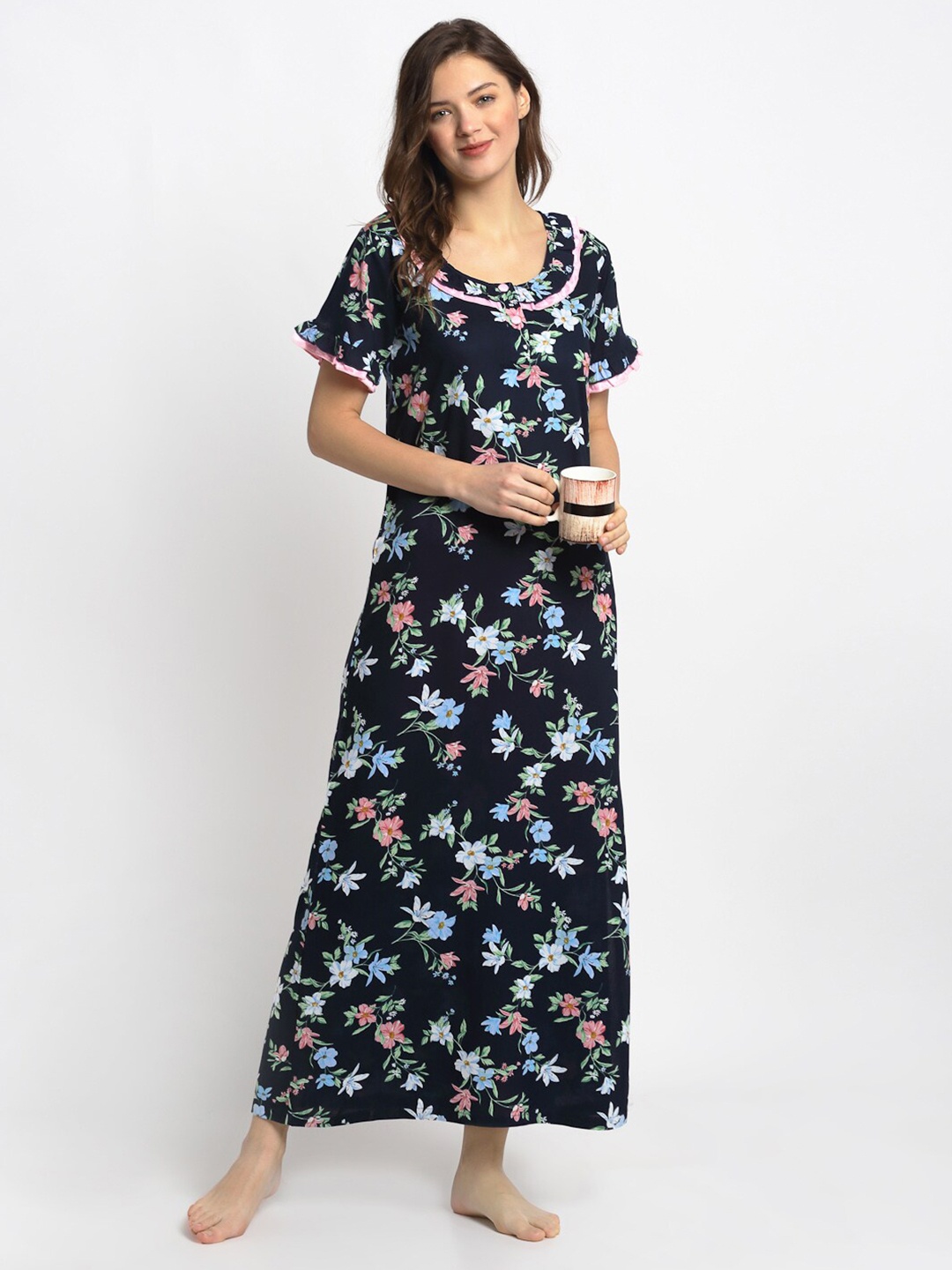 

Claura Floral Printed Pure Cotton Maxi Nightdress, Blue