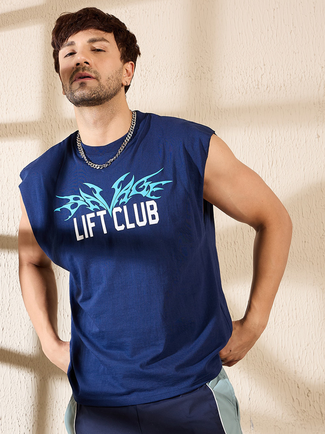 

FUGAZEE Navy Blue Typography Printed Extended Sleeves Oversized Fit Cotton Casual T-shirt