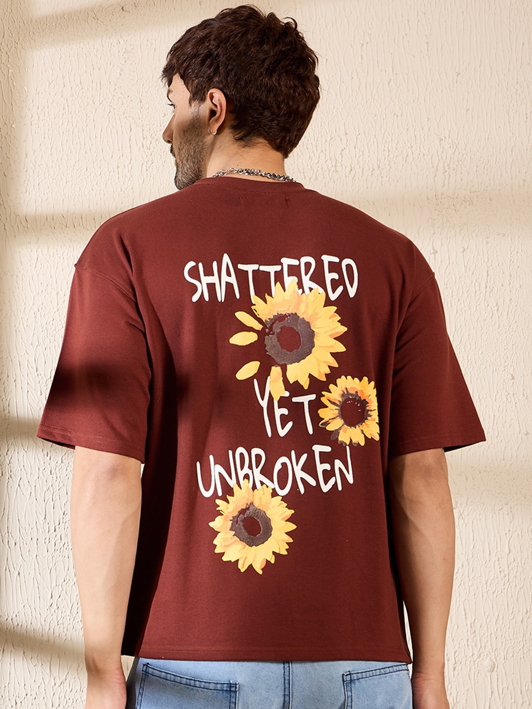 

FUGAZEE Brown Typography Printed Oversized Drop-Shoulder Cotton Casual T-shirt