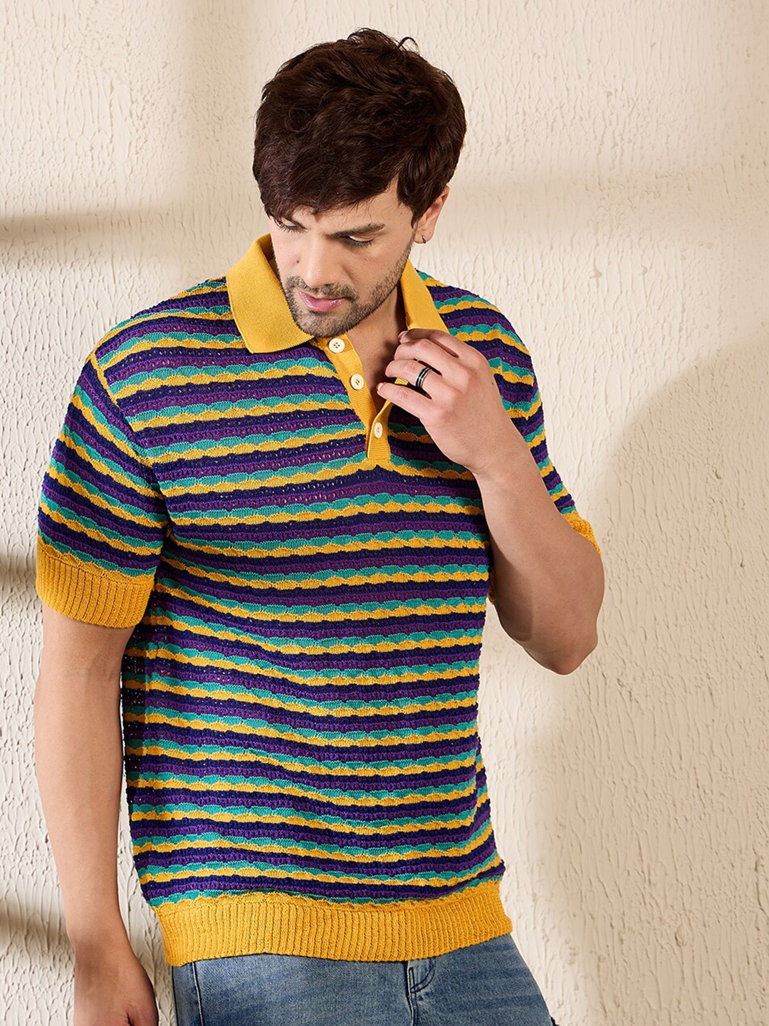 

FUGAZEE Yellow Horizontal Striped Crotcheted Polo Collar Cotton Casual T-shirt