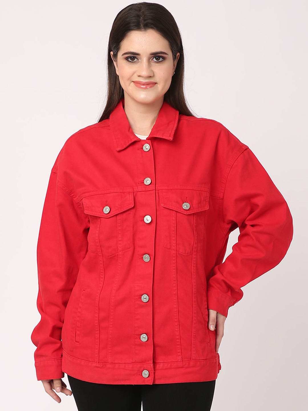 

NoBarr Spread Collar Cotton Oversized Denim Jacket, Red