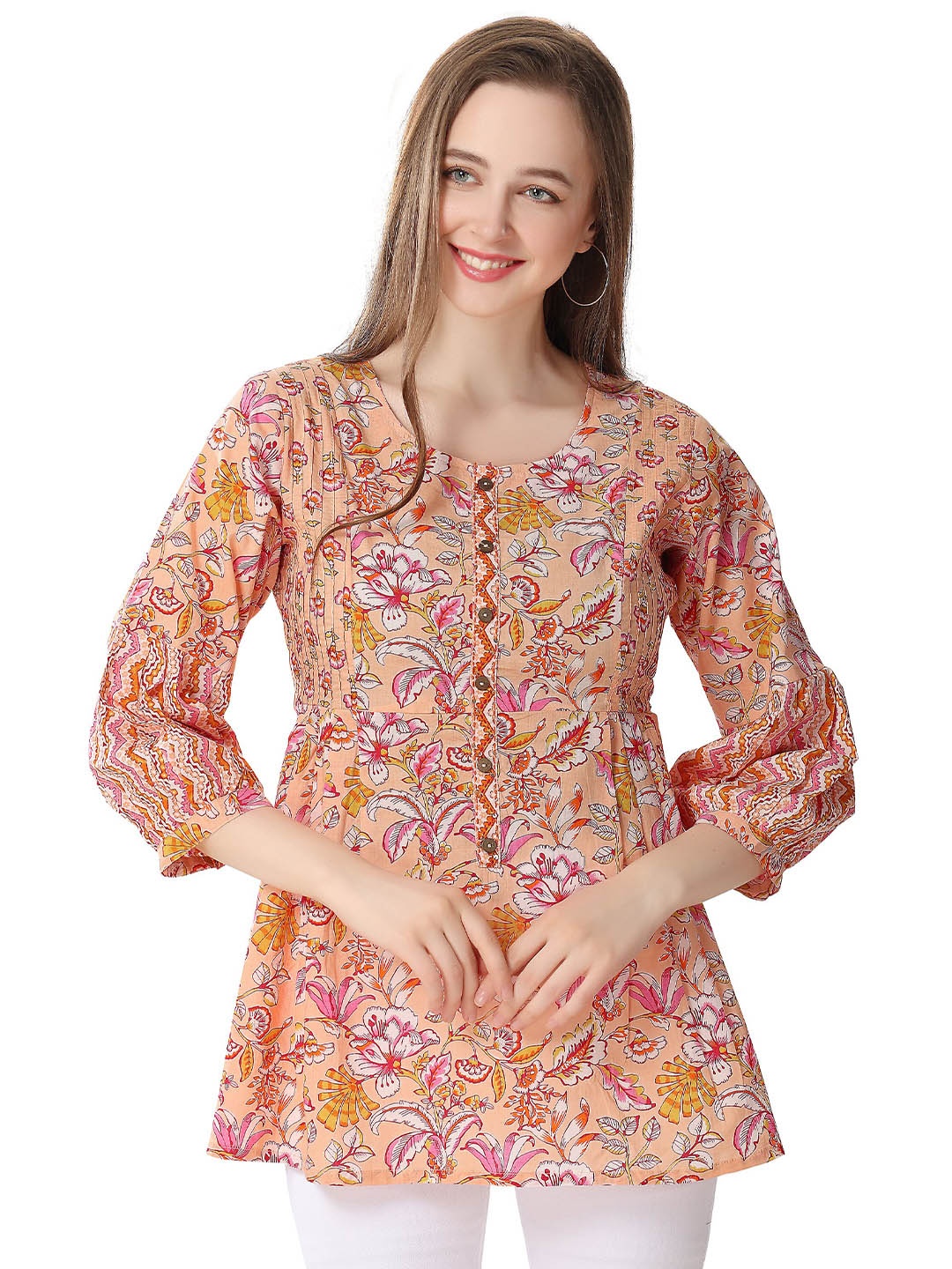 

keshubaba Floral Printed Cotton Tunic, Orange