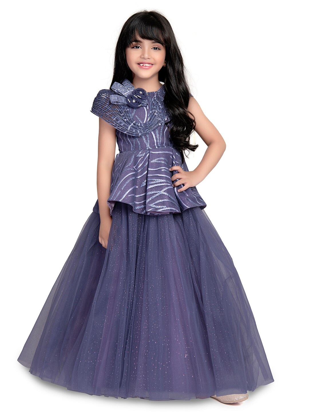 

BETTY Girls Embellished Round Sleeveless Neck Net Fit & Flare Maxi Dress, Violet