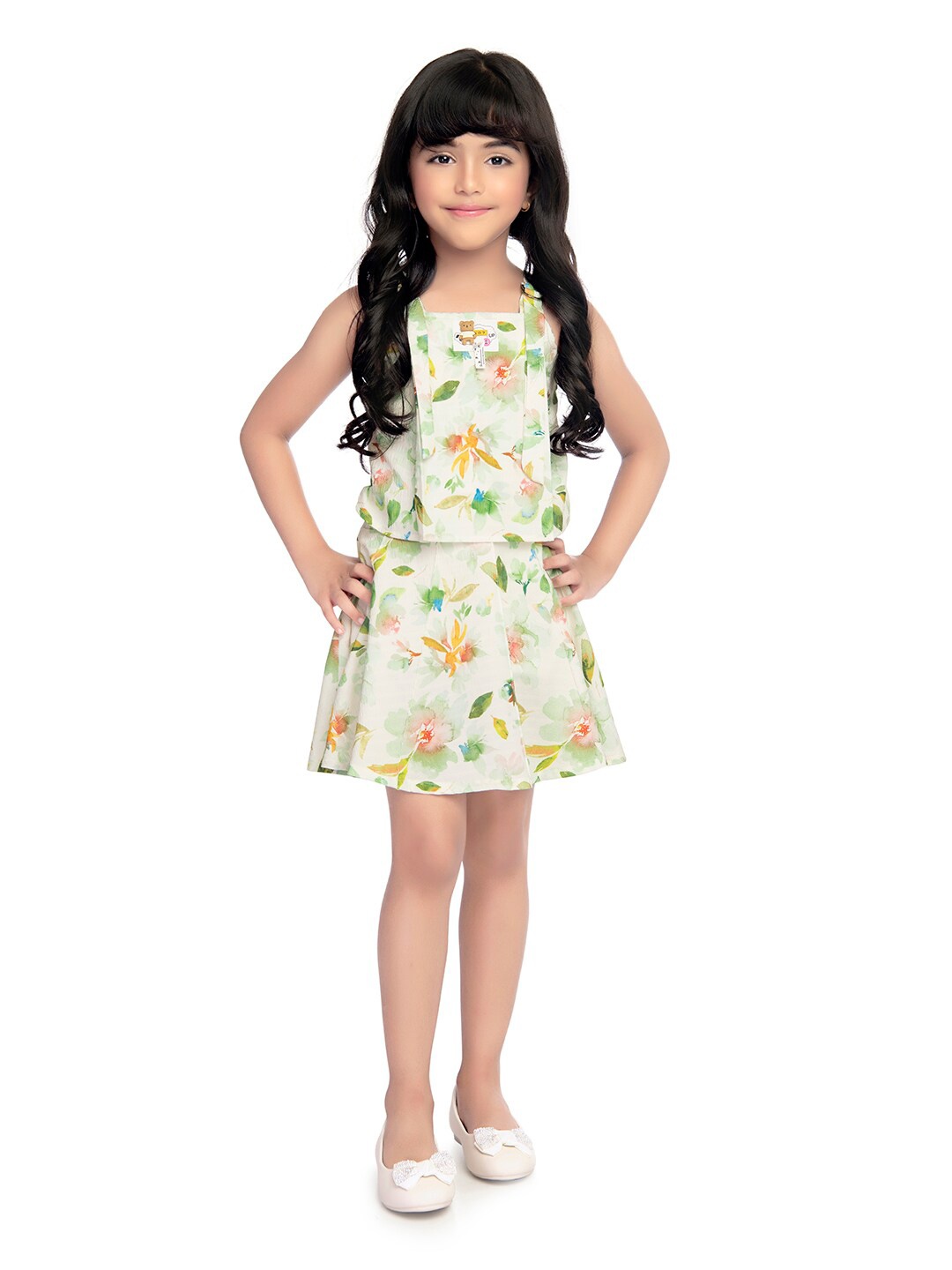 Tiny Kingdom Girls Shoulder Straps Printed Top with Skirt, Green