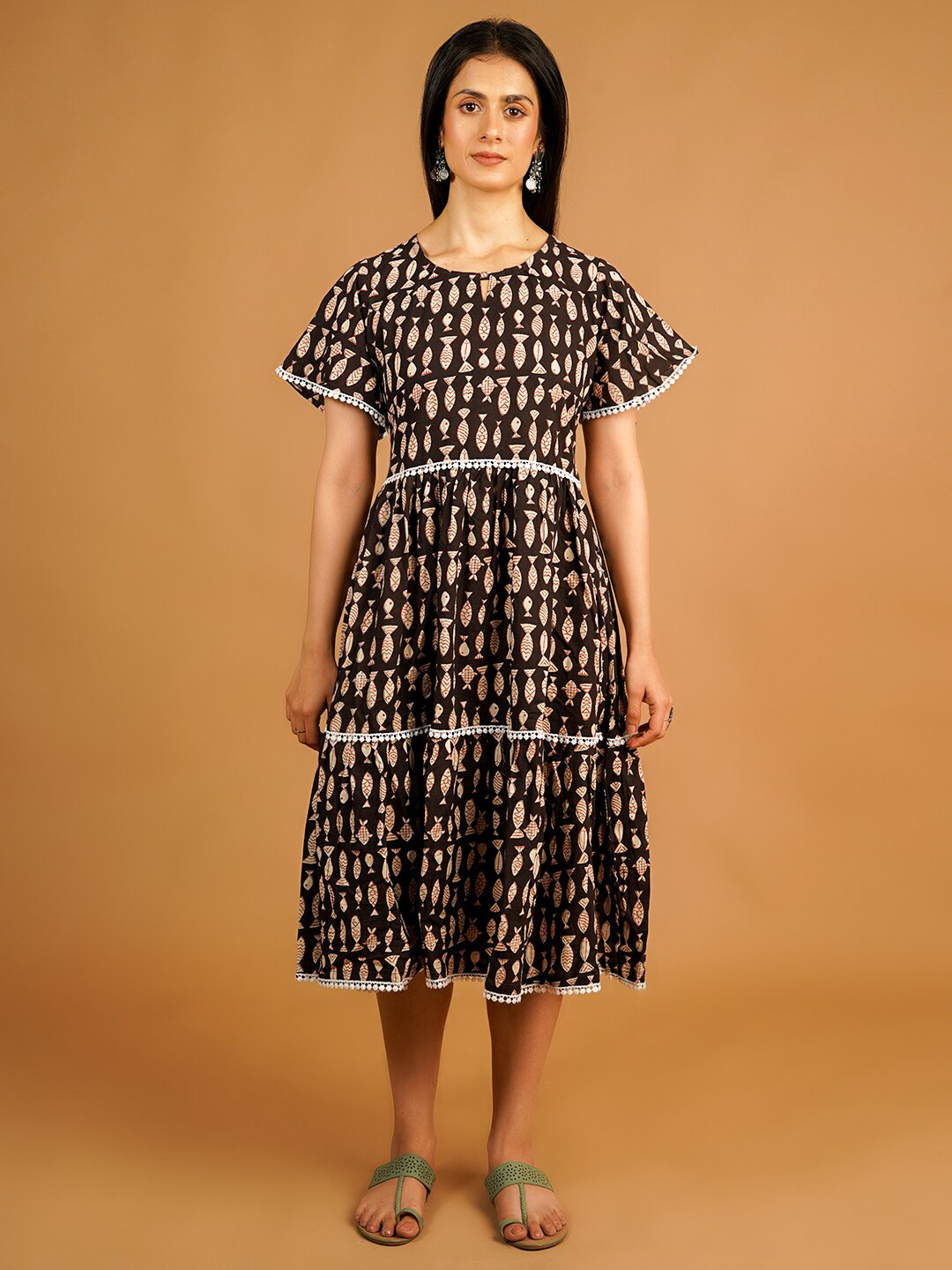 

INDOPHILIA Print Flared Sleeve Fit & Flare Cotton Midi Dress, Brown