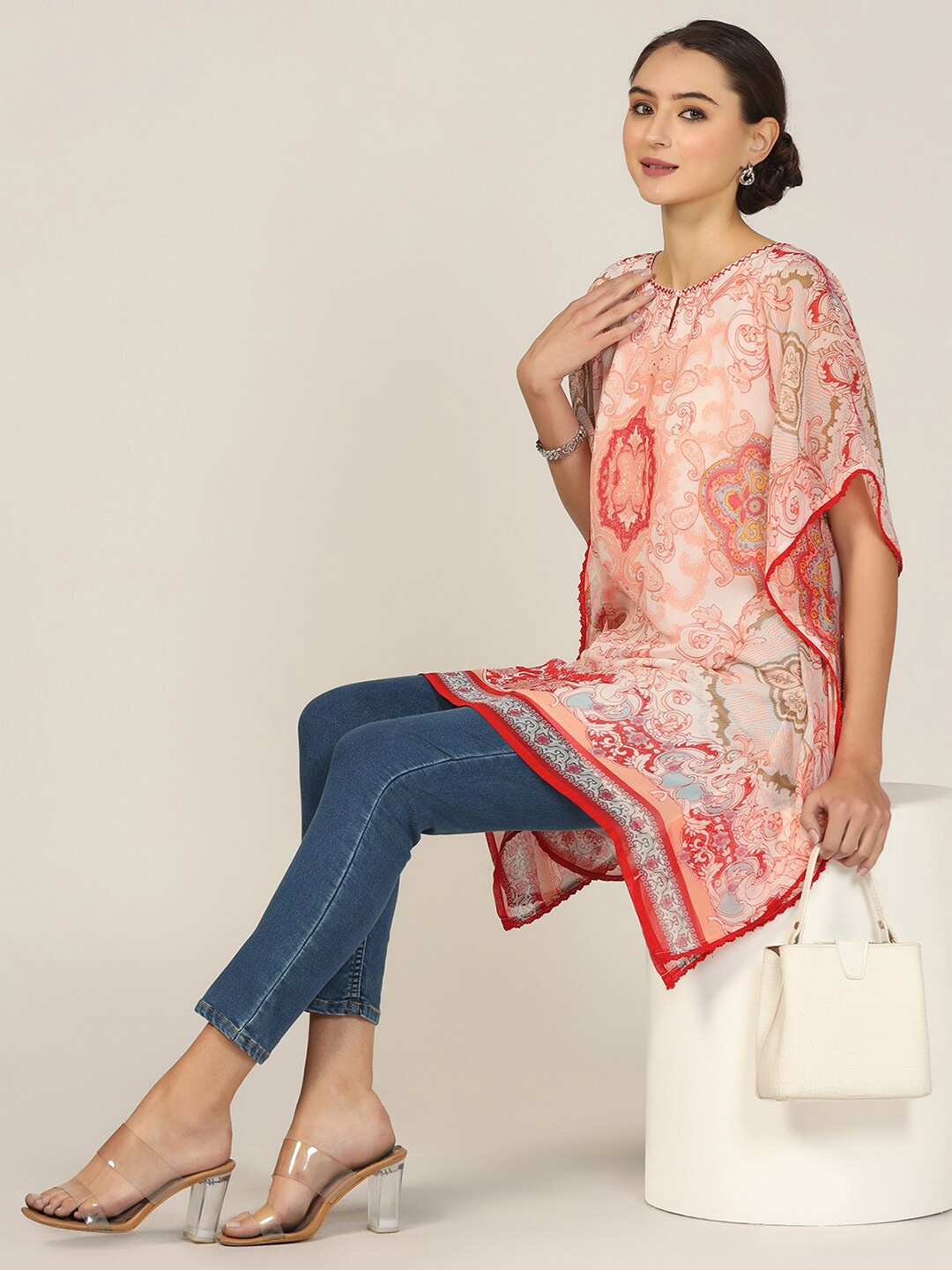 

Mustard Paisley Print Keyhole Neck Kimono Sleeves Chiffon Kaftan Top, Multi