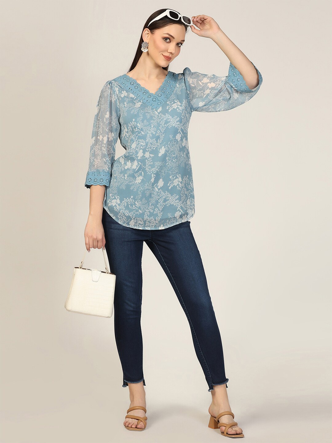 

Mustard Floral Print V-Neck Chiffon Top, Blue
