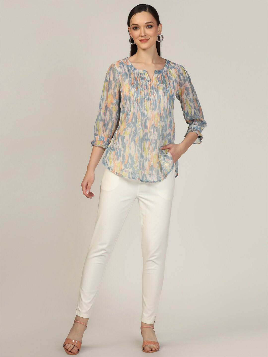 

Mustard Abstract Printed Mandarin Collar Puff Sleeves Sequined Casual Top, Grey