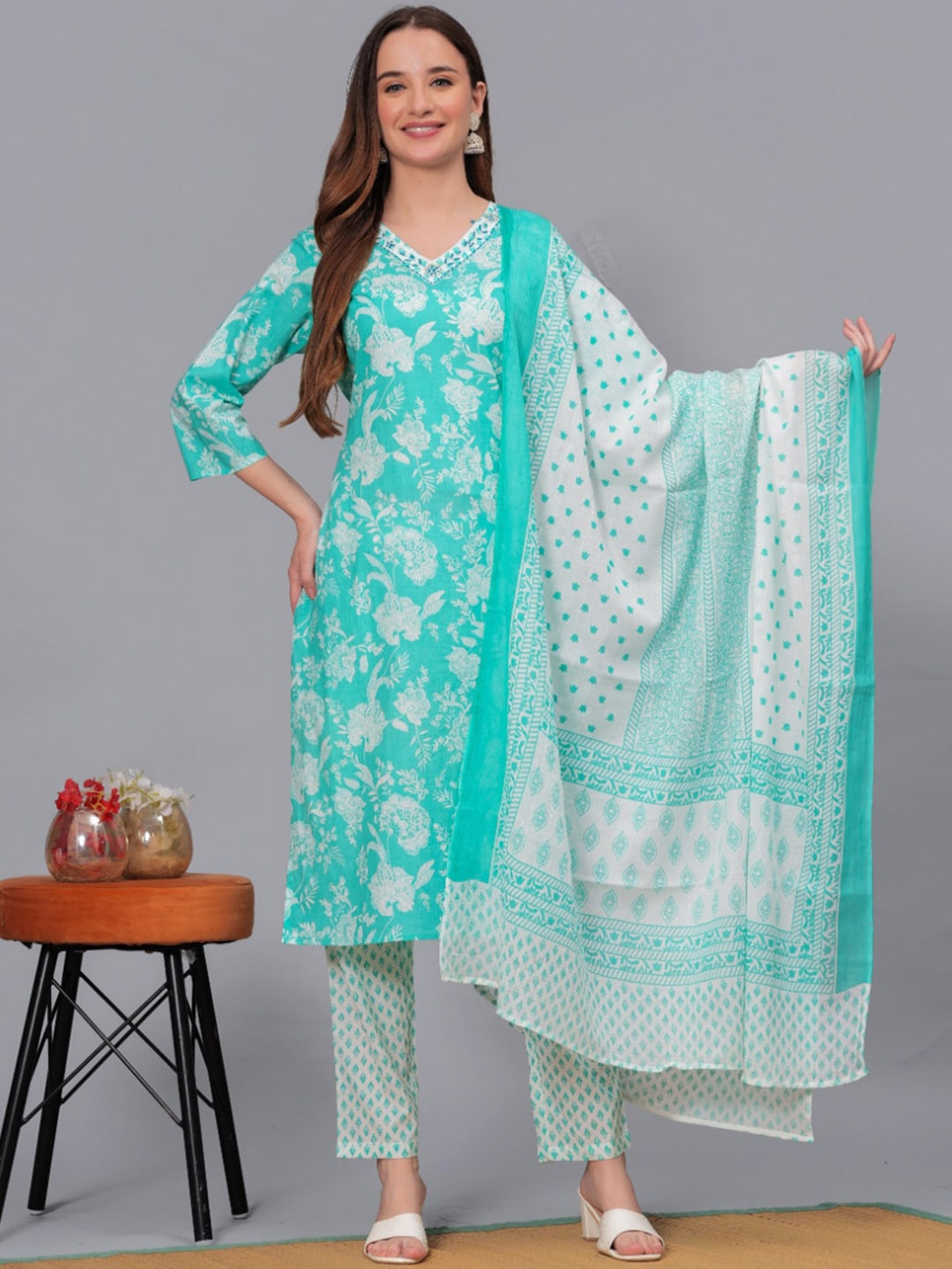 

KALINI Floral Printed Thread Work Pure Cotton Straight Kurta With Trousers & Dupatta, Sea green