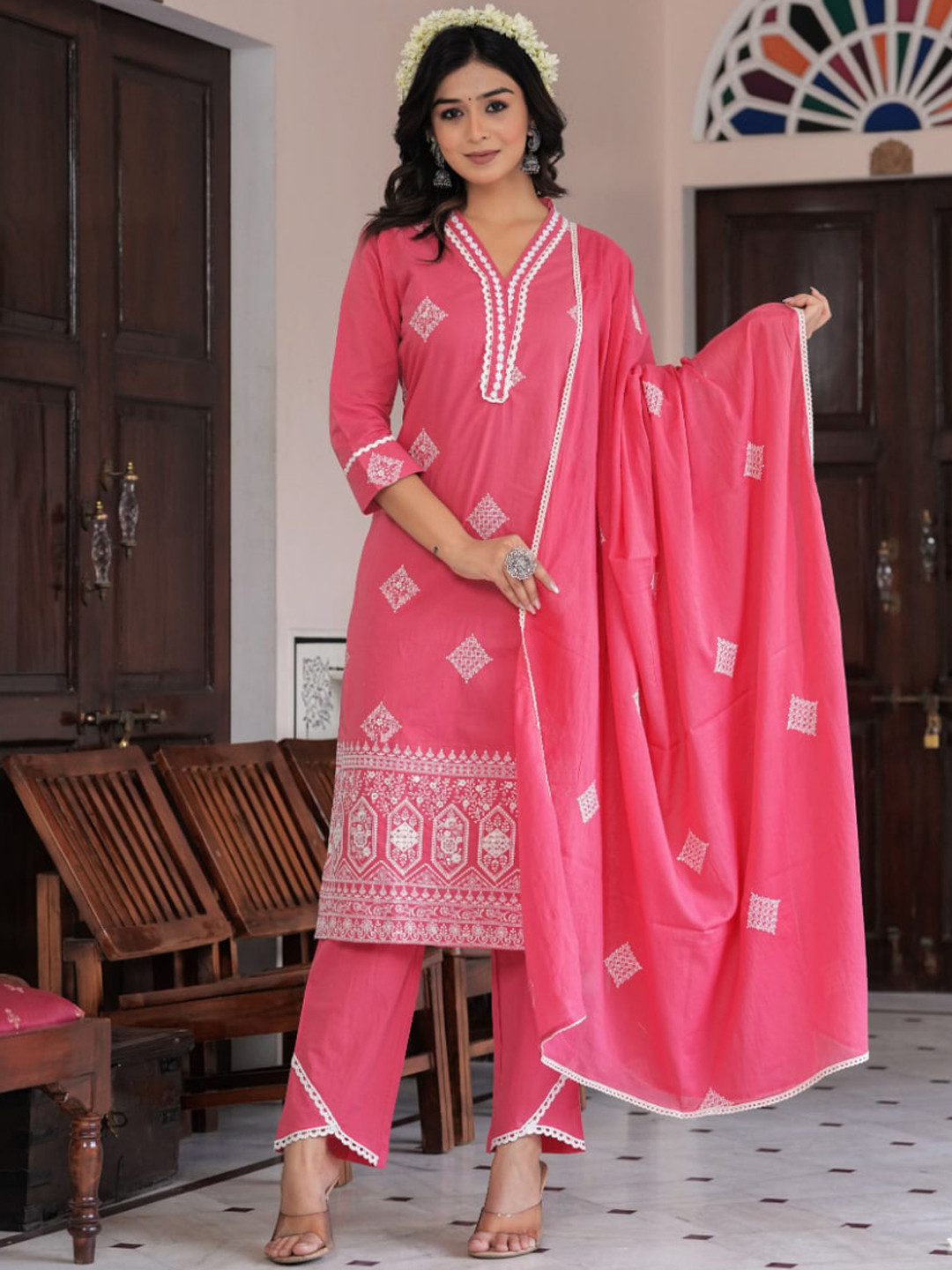 

KALINI Ethnic Motifs Embroidered Regular Pure Cotton Kurta With Trouser & Dupatta, Pink