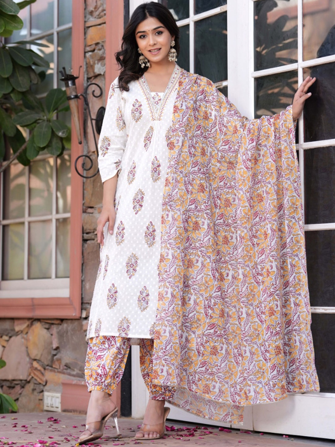 

KALINI Floral Printed Pure Cotton A-Line Kurta With Salwar & Dupatta, White