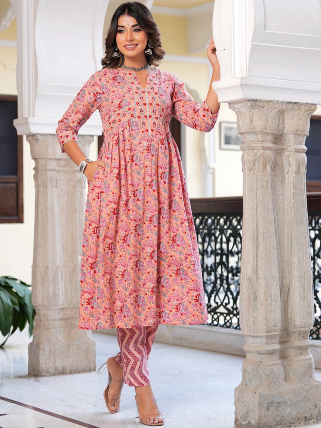 

KALINI Floral Printed Regular Mirror Work Pure Cotton Kurta with Trousers & Dupatta, Peach