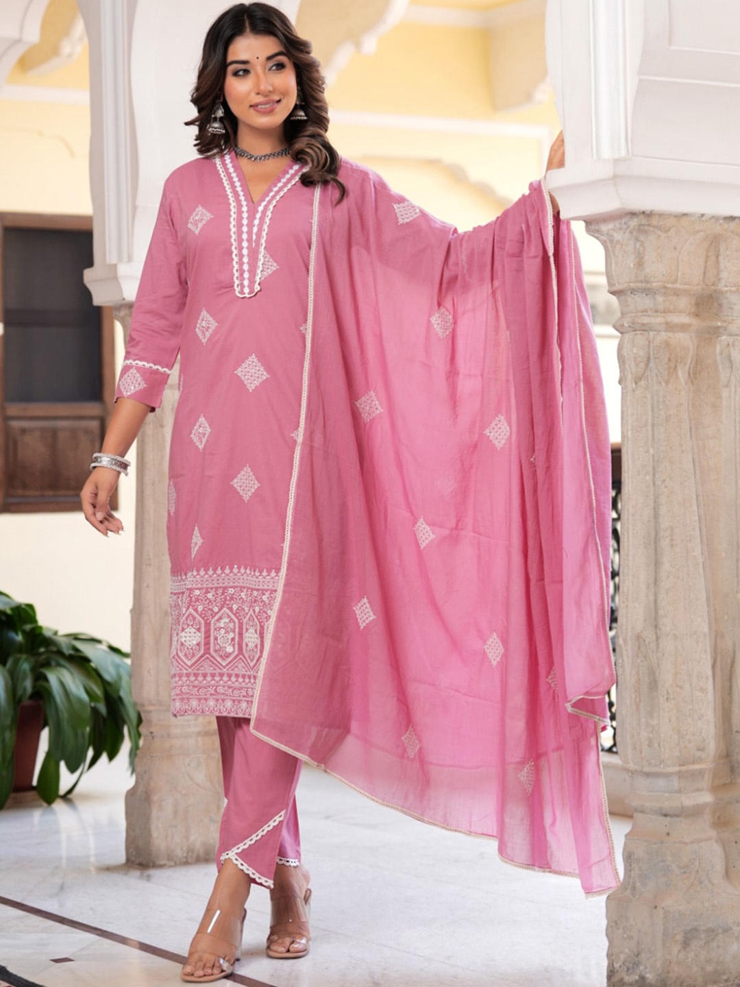

KALINI Embroidered Regular Sequinned Pure Cotton Straight Kurta with Trousers & Dupatta, Peach